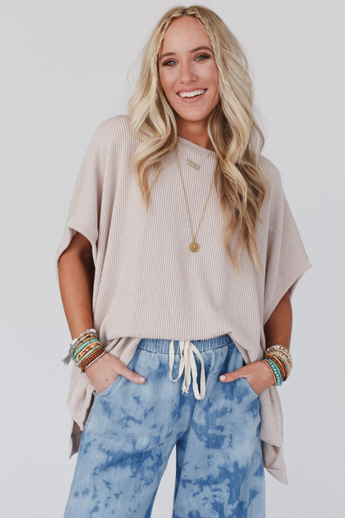 Ribbed Knit Batwing Sleeve Tunic Oversized T Shirt